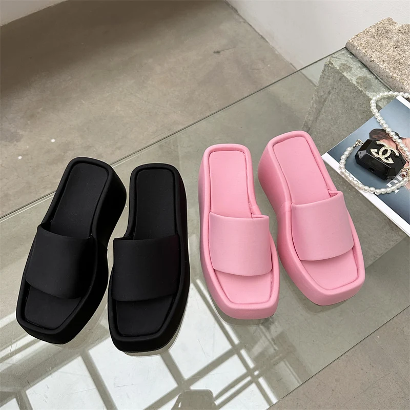 Matsuke Women's Slippers Sloping Heel Square Toe Thick Sole for Ultimate Comfort and Style at Home or Relaxing.