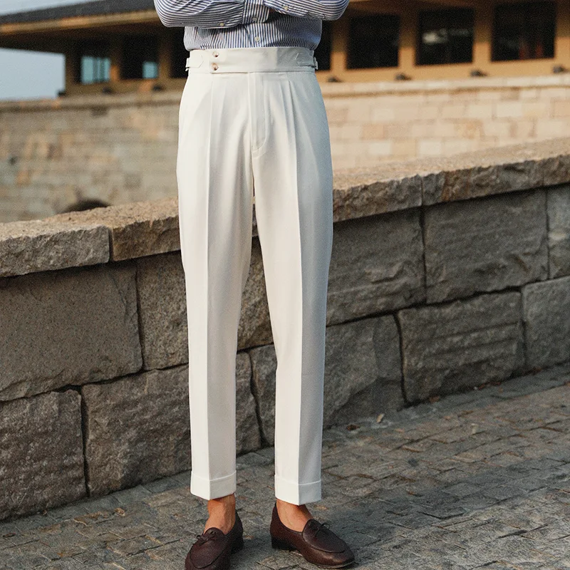 Witte Casual Broek met Hoge Taille, Retro Italiaanse Stijl, Business Paris, met Knopen - Chic en Stijlvol