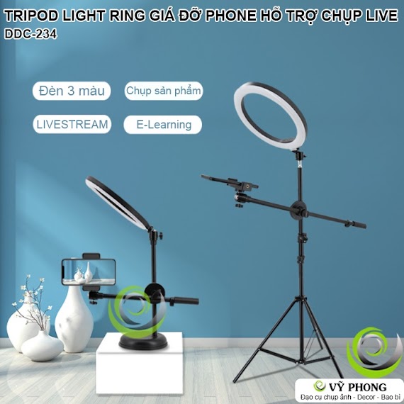 Tripod Ring Light Chân Đế Gắn Điện Thoại 360 Độ Giá Đỡ Chụp Ảnh Góc Thẳng Đứng Có Đèn Viền Tròn Sáng 3 Màu Ddc - 234