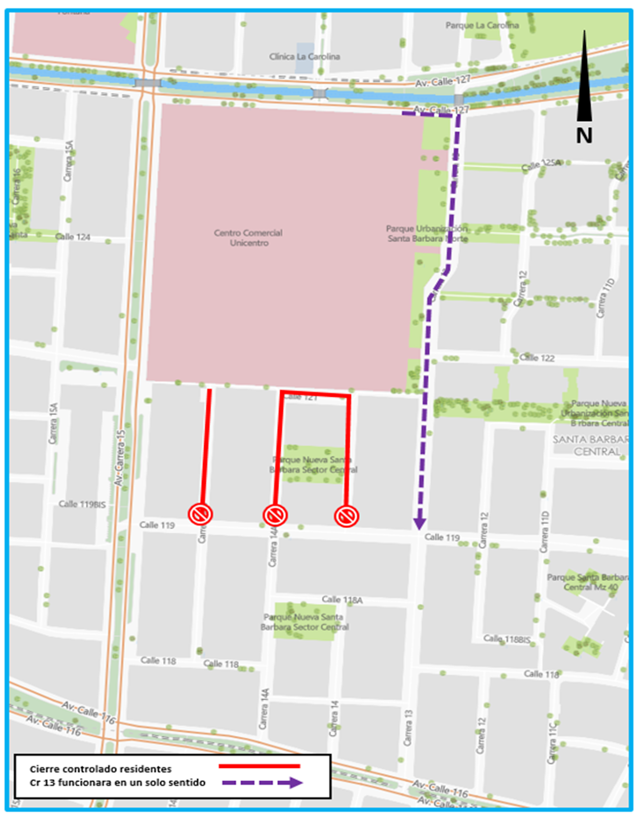 Mapa de los cierres viales perímetro Unicentro