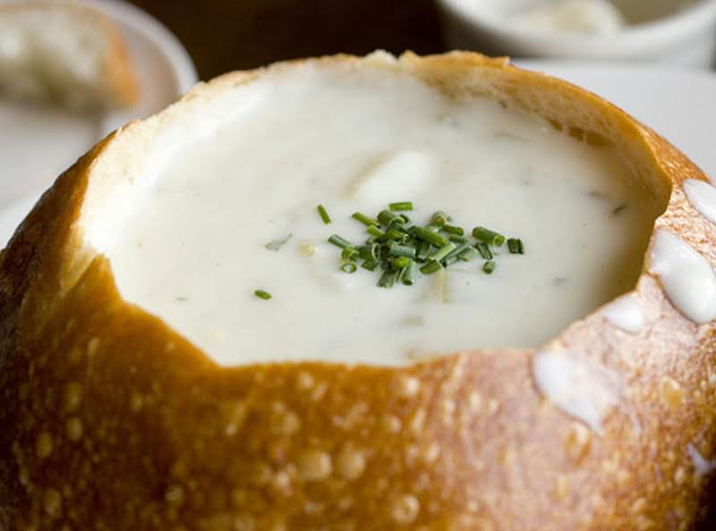 New England Clam Chowder Soup In A Bread Bowl