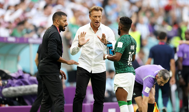 Saudi Arabia coach Hervé Renard gives instructions during their World Cup Group C win over Argentina at Lusail Stadium in Lusail City, Qatar on November 22 2022.