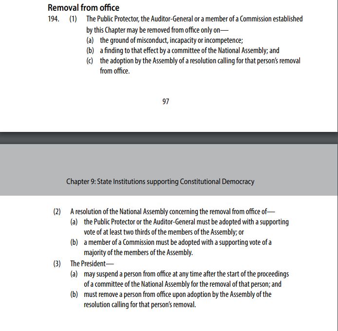 The constitution states that the public protector may be removed from office on grounds of misconduct, incapacity or incompetence.