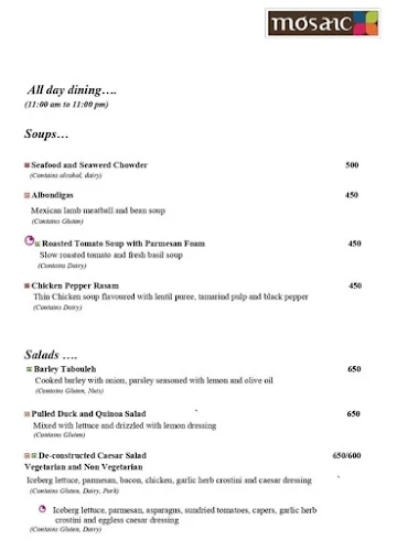 Mosaic - Crowne Plaza Greater menu 