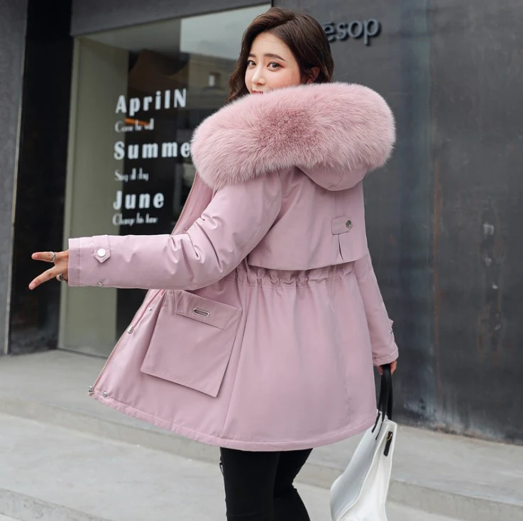 Manteau femme oversize en coton rembourré, col en fausse fourrure, coupe ample et épais avec doublure en velours