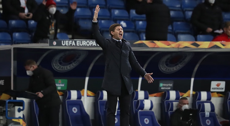 Steven Gerrard, Manager of Rangers reacts during the UEFA Europa League Round of 16 Second Leg match between Rangers and Slavia Praha at Ibrox Stadium on March 18, 2021 in Glasgow, Scotland.