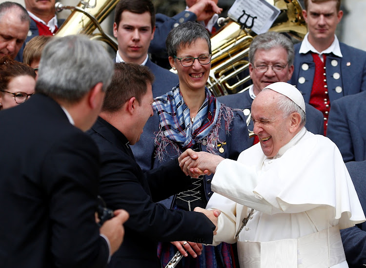 Pope Francis reacts during the weekly general audience at the Vatican on May 1, 2019.