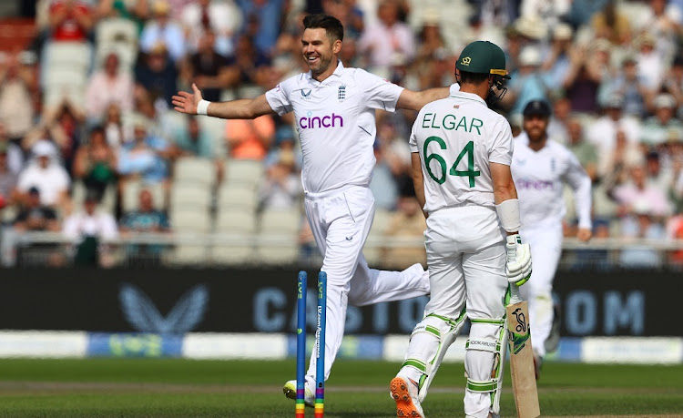 James Anderson of England celebrates bowling SA captain Dean Elgar on day three of the second Test at Old Trafford in Manchester, the UK, August 27 2022. Picture: MICHAEL STEEL/GETTY IMAGES