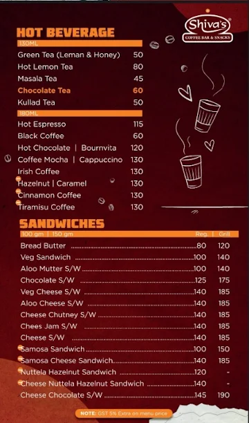 Shiva's Coffee Bar & Snacks menu 