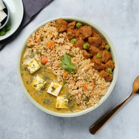 Lasooni Methi Paneer, Soya Matar & Millet Pulao