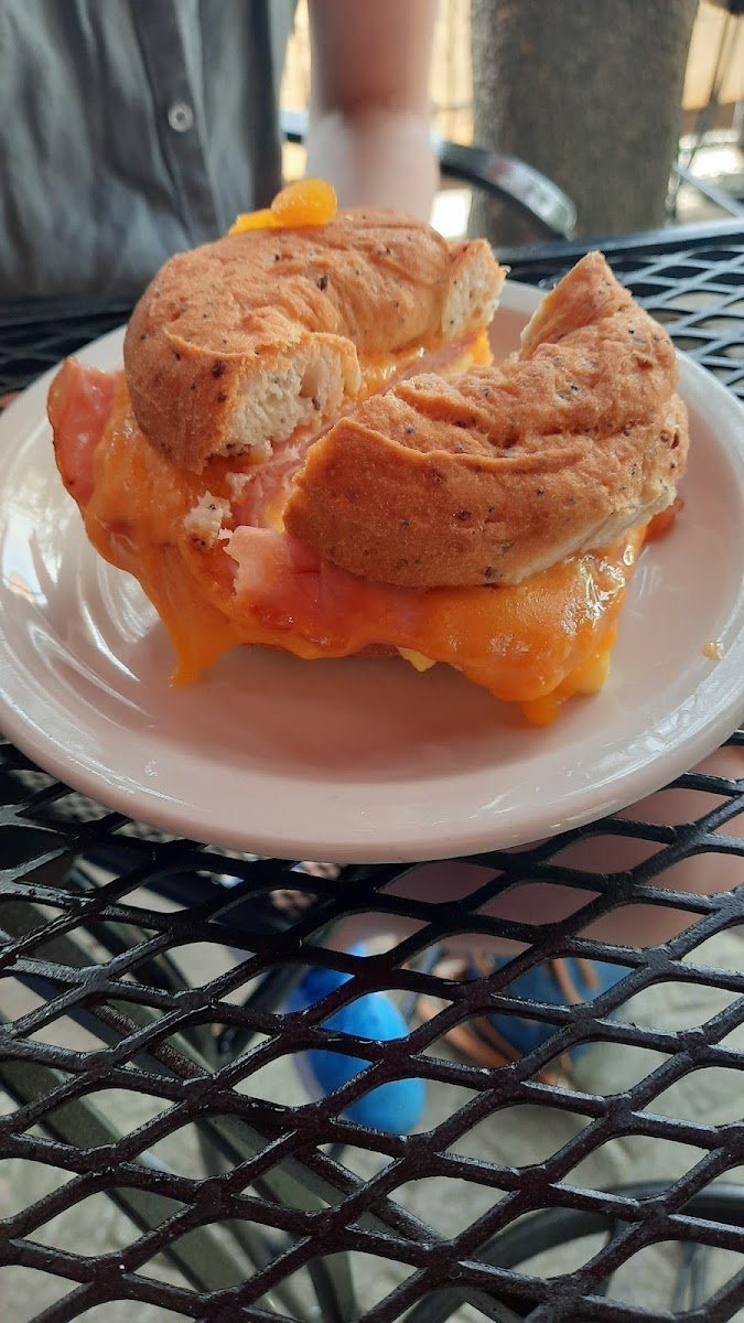 Ham, egg, and cheese on GF everything bagel