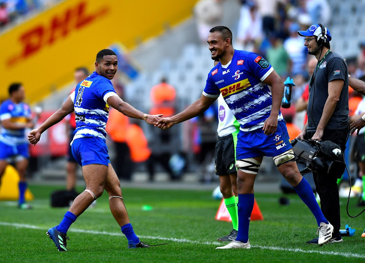 Suleiman Hartzenberg of the Stormers celebrate after scoring a try during the United Rugby Championship match against Edinburgh at DHL Stadium on October 01 in Cape Town.