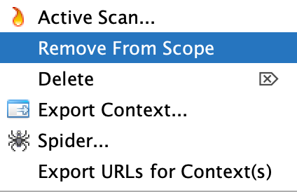 The ZAP context-menu with the Remove from Scope option highlighted.