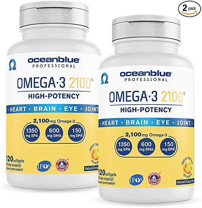 Oceanblue Omega-3 2100 – 120 ct – 2 Pack – Triple Strength Burpless Fish Oil Supplement with High- Potency EPA, DHA, DPA – Wild-Caught – Orange Flavor (120 Servings) – New Packaging