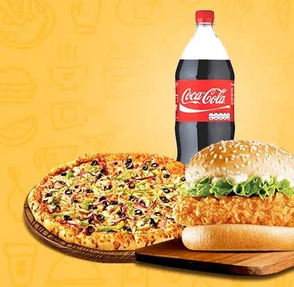 Veg Pizza[Medium 6 Slice]+ Veg Burger+ Cold Drink 250Ml