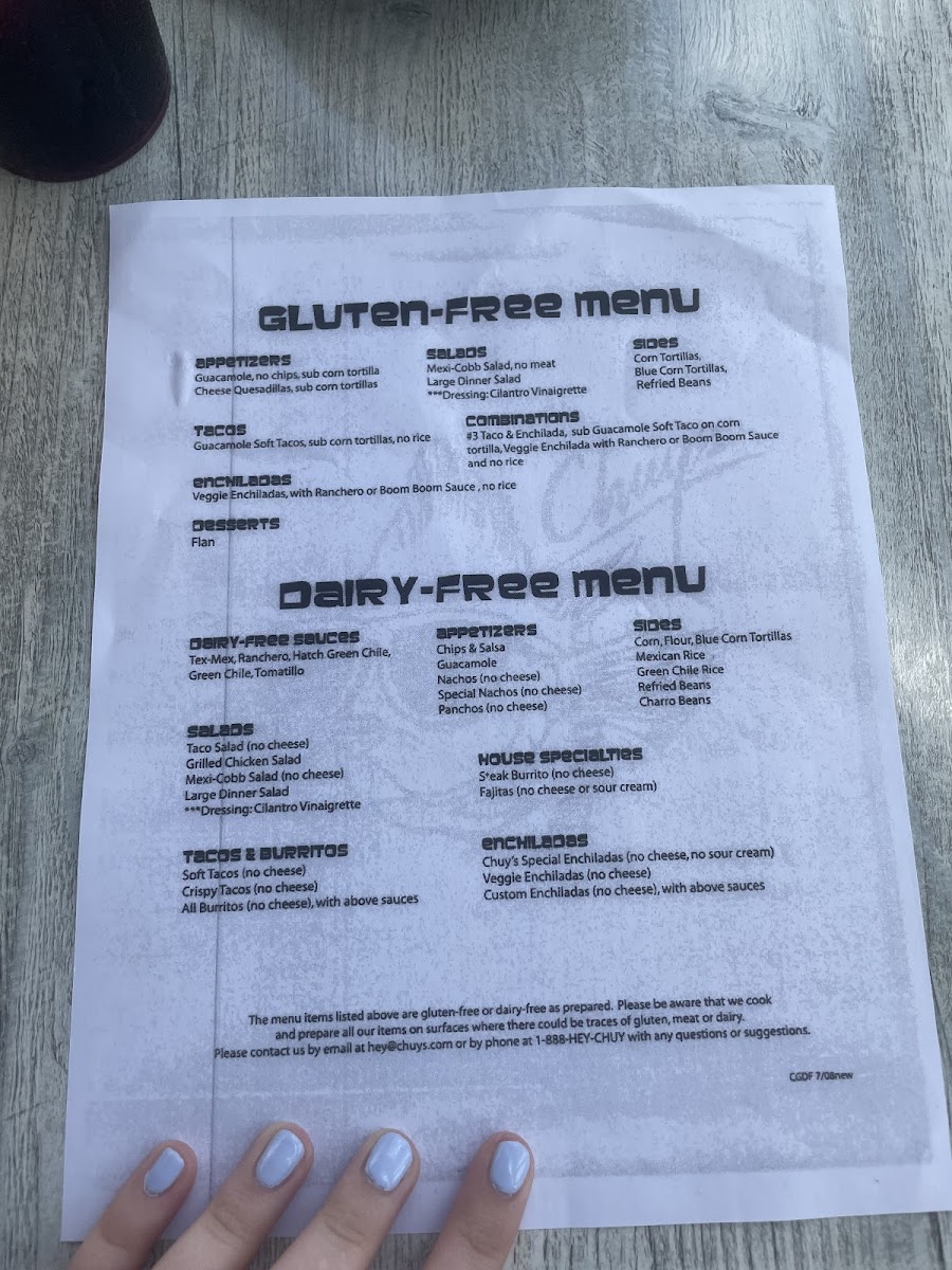 Updated gluten free menu