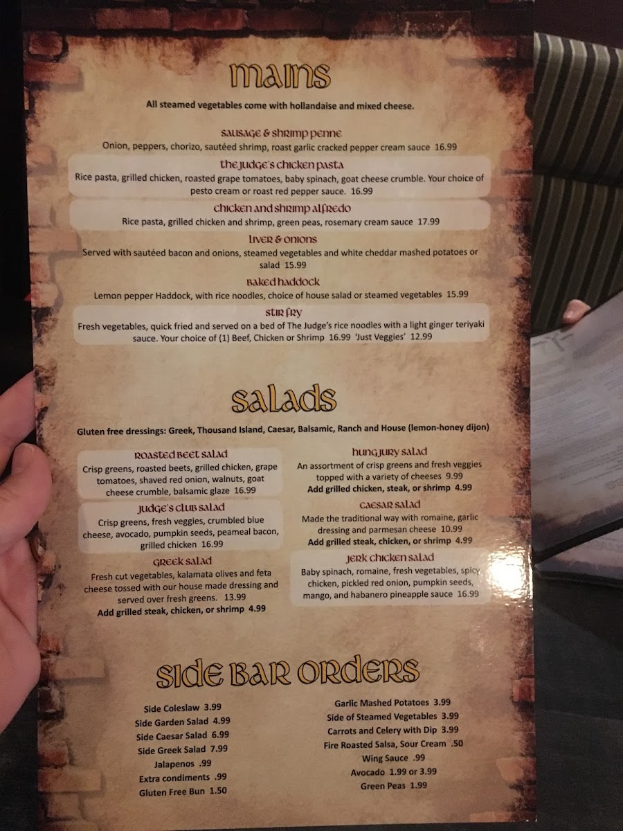 The Judge & Jury gluten-free menu