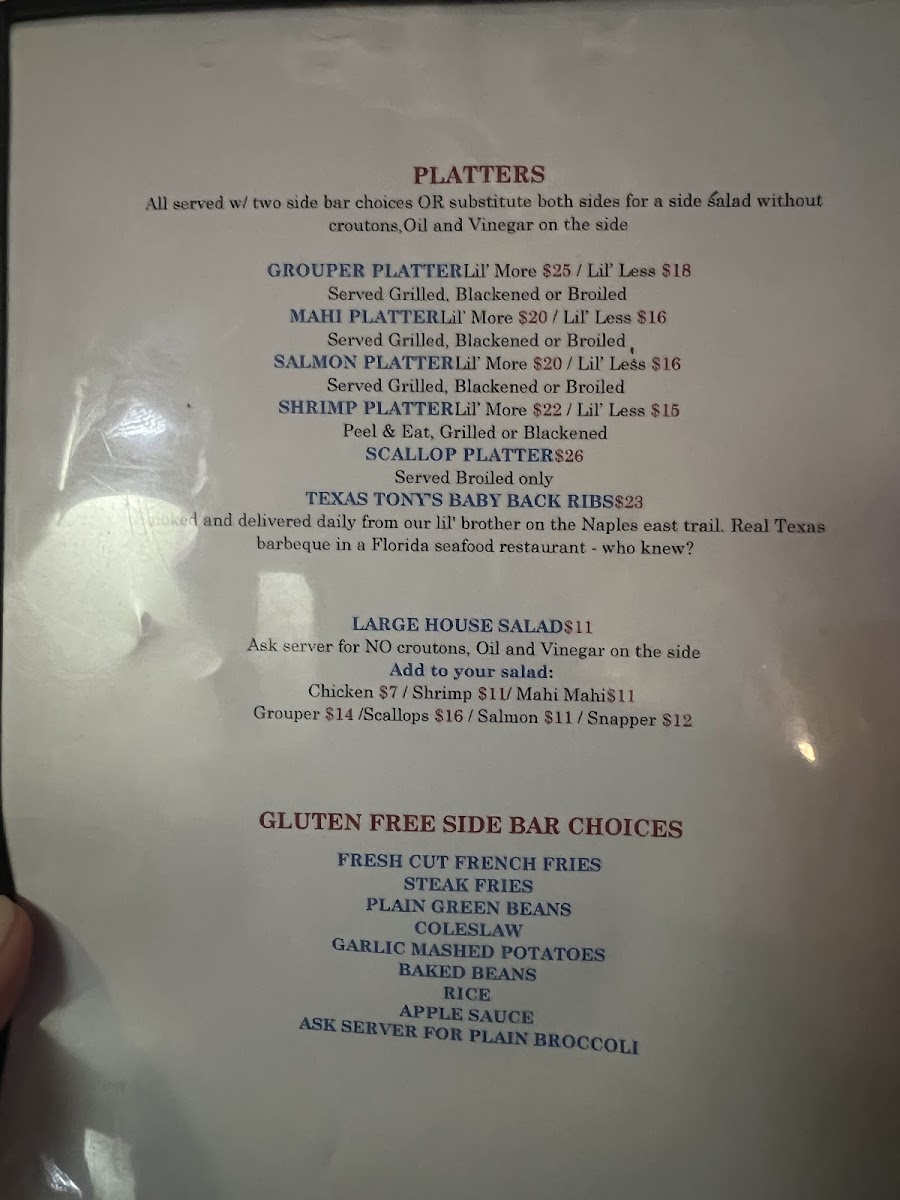 Pinchers gluten-free menu