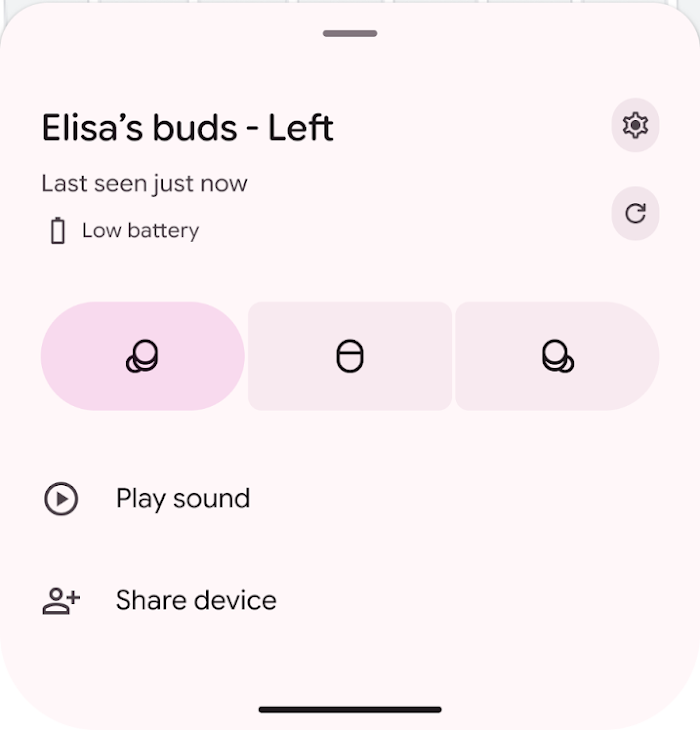Screenshot of the interface of the Find Hub app that shows the options you can select once you select a Bud that you want to find.