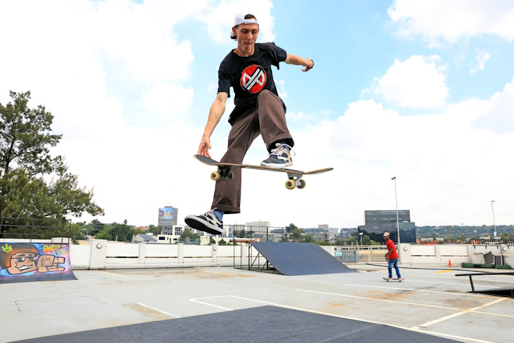 Calvin Kotze skateboarding at Air360 at Eastgate Shopping Mall in Johannesburg. Air360 is an outdoor skating facility that caters for people of all ages where expert skaters teach people from scratch.