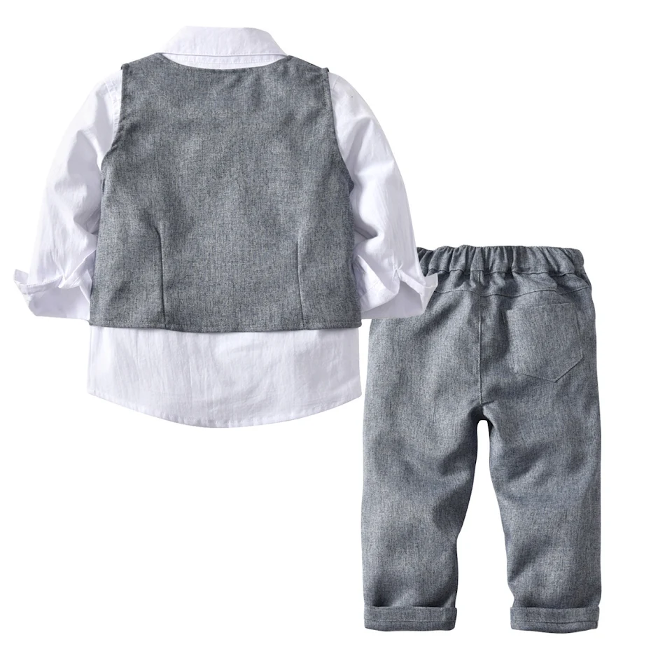 Chemise à manches longues pour garçon et pantalon avec gilet, parfait pour les occasions spéciales et confortable pour jouer toute la journée.
