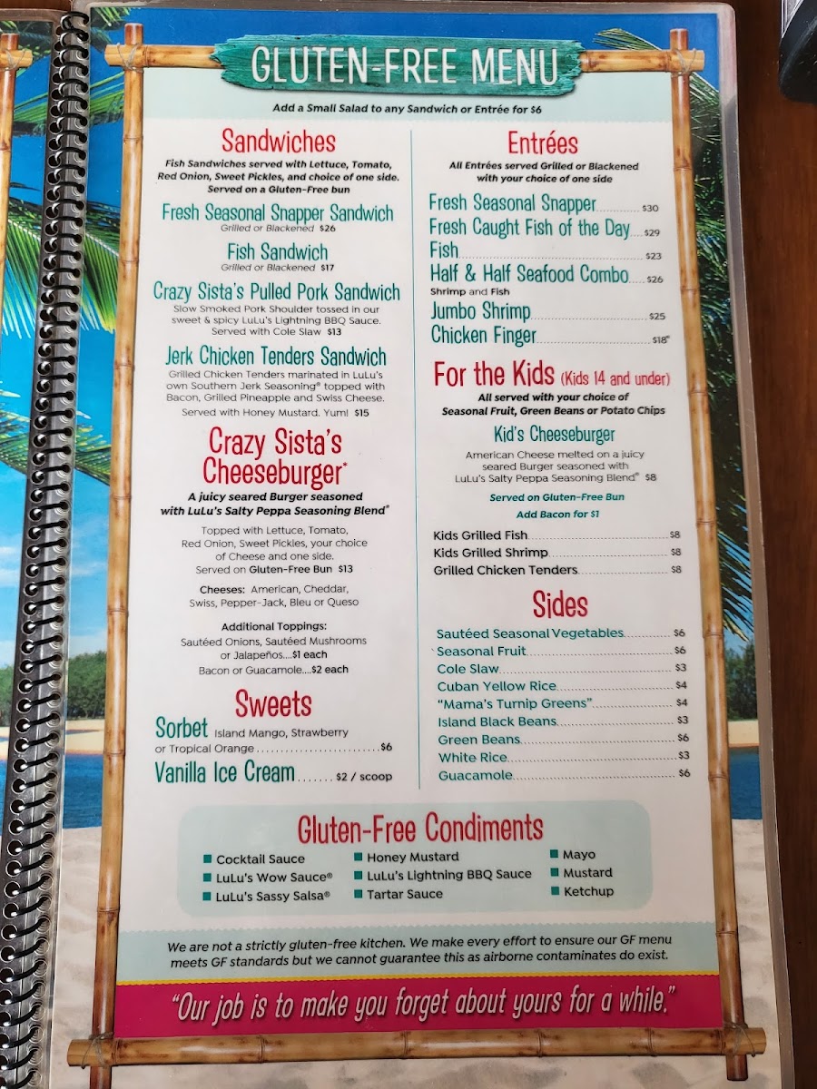 Lulu's at Homeport Marina gluten-free menu