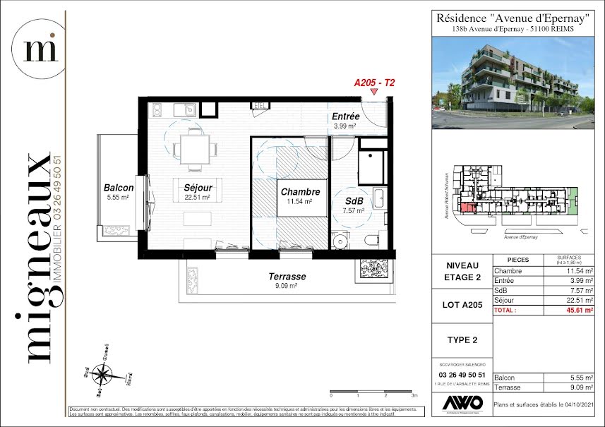 Vente appartement 2 pièces 52.93 m² à Reims (51100), 263 040 €