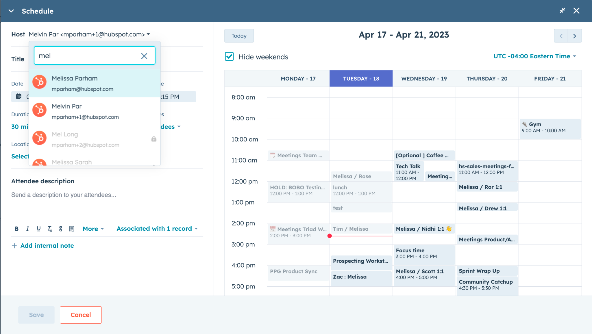 HUbspot example of the book a meeting function