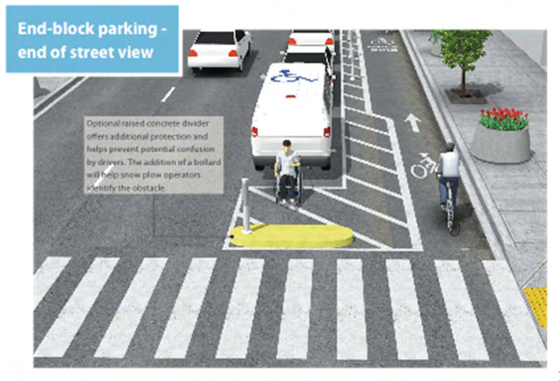 Another example of a separated, or protected, bike lane situated between a parking lane with accessible parking space with a buffer zone and the sidewalk.