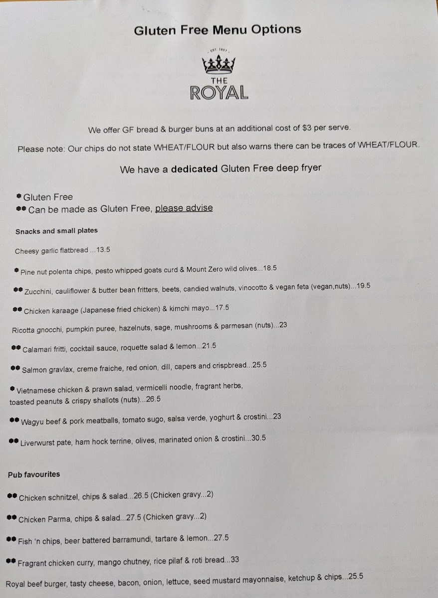 The Royal Hotel Mornington gluten-free menu