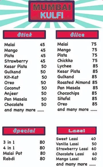 Mumbai Kulfi menu 