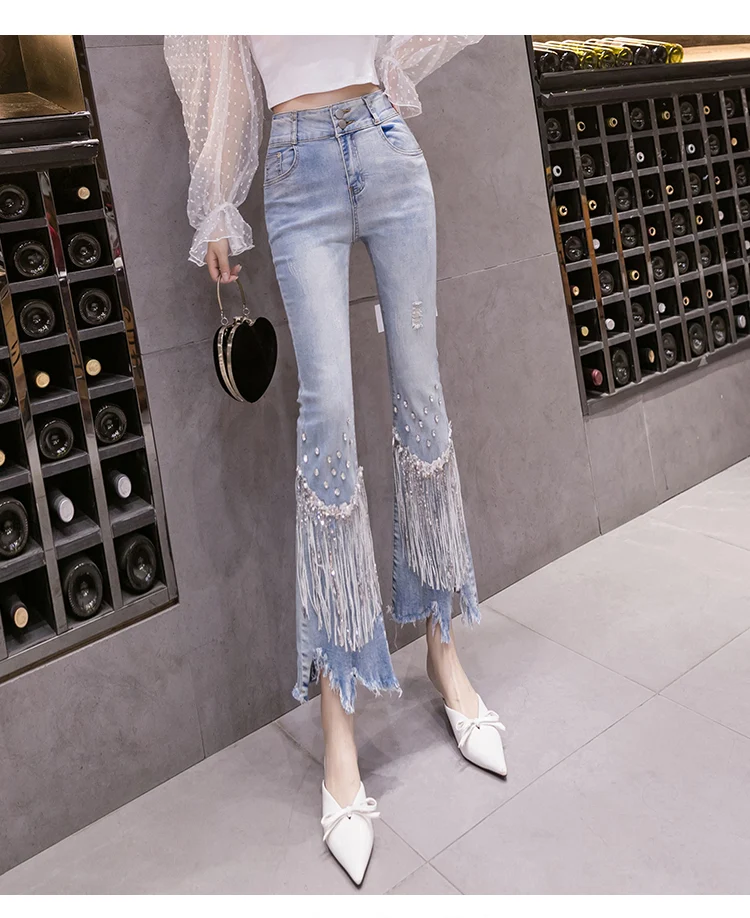 Nieuwe Slimme High Waist Ulzzang Broek met Tassels en Kralen, Negen Punten Micro Flare, voor een flatterende look.