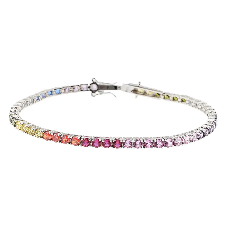 S925 Sterling zilveren tennisarmband met gekleurde zirkonia ronde diamanten. Voor dames en heren. Perfect voor koppels. Tijdloos design.