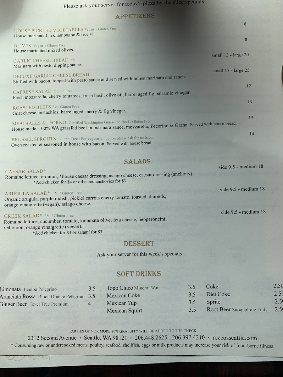 Rocco's gluten-free menu