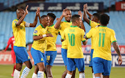 Themba Zwane of Mamelodi Sundowns celebrates a goal with teammates during a DStv Premiership match against Supersport United at Loftus Versfeld, Pretoria.