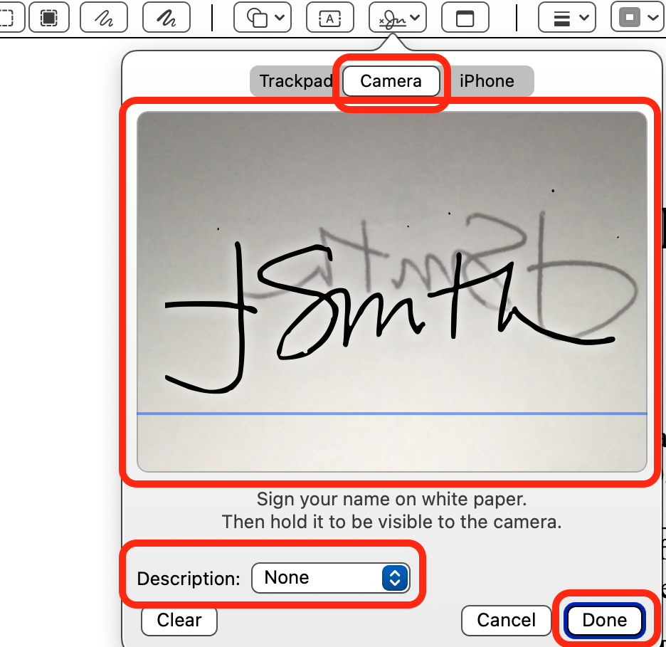 Mac Preview App Markup Signature tool showing the Camera signature feature.