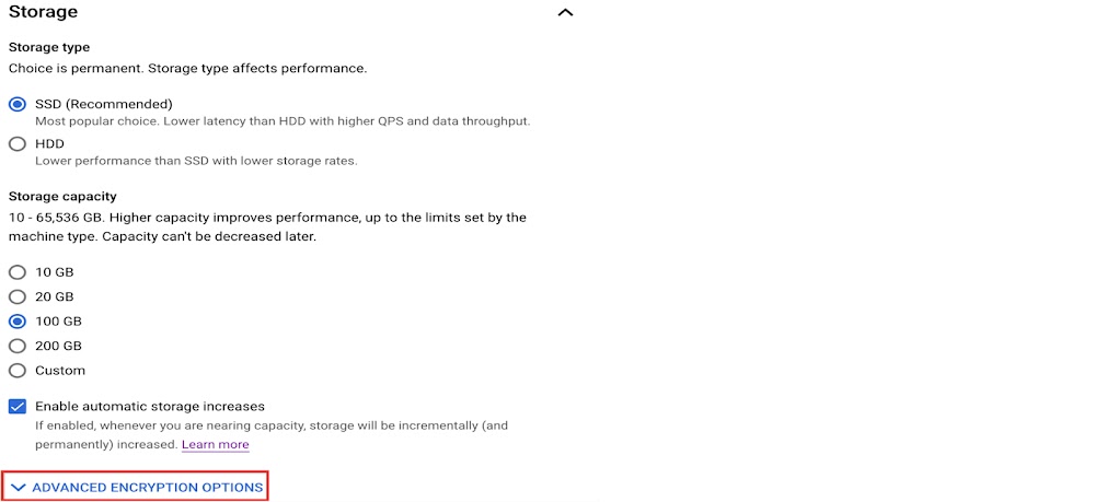 Captura de tela do console do Cloud das opções de armazenamento