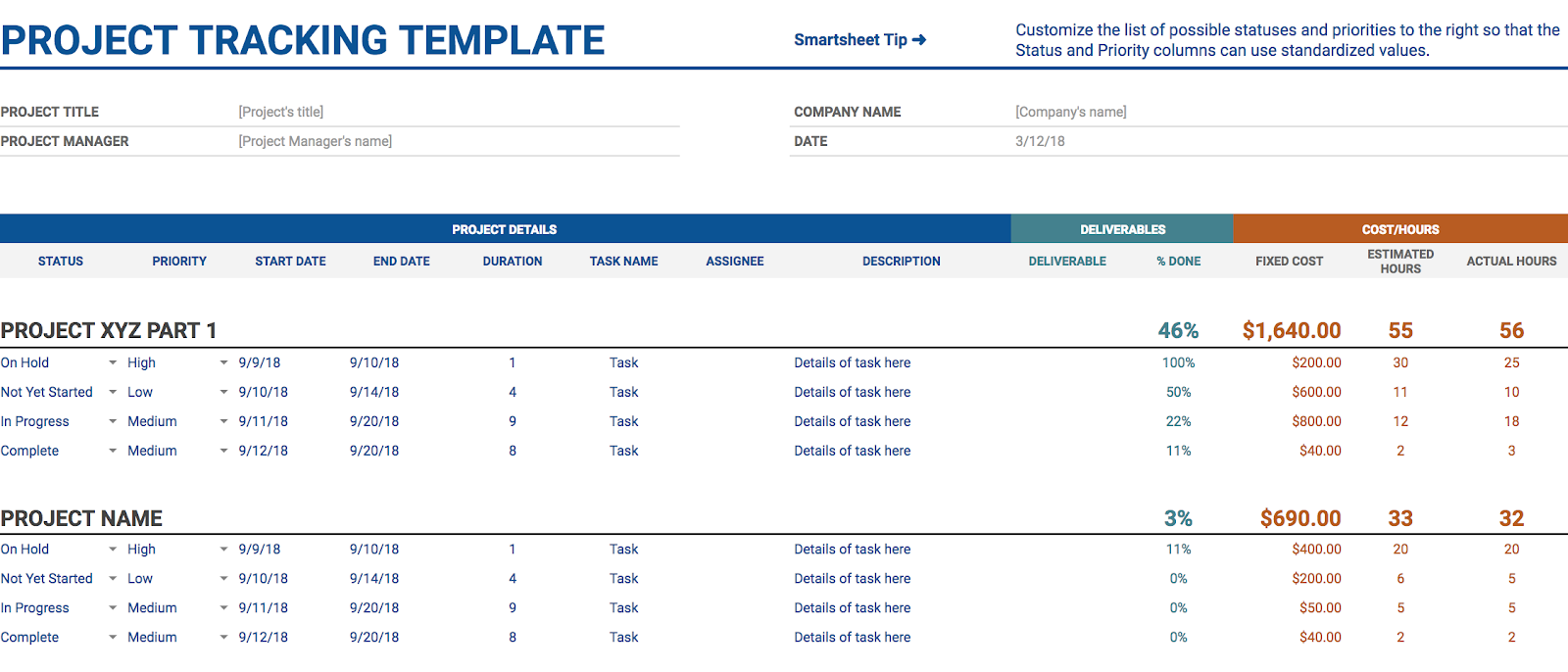 project tracking google sheets template