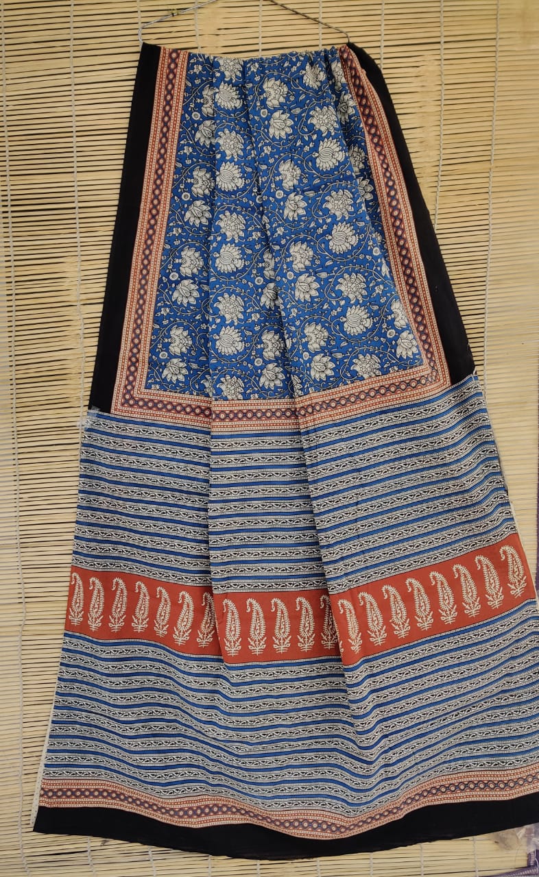 Hand block printed cotton mul sarees