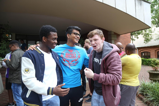 Maritzburg College Matrics Thabiso Madlala who received 7A's , Rajvir Rajaram who also received 7 A's congratulate Ryan Hodgson who received 8 A's with an aggregate of 92 percent. The school had a 100 percent pass rate with 95 percent Bachelors degree.