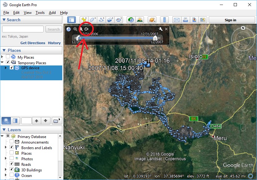 Fare clic sul pulsante di riproduzione per animare la traccia GPS.