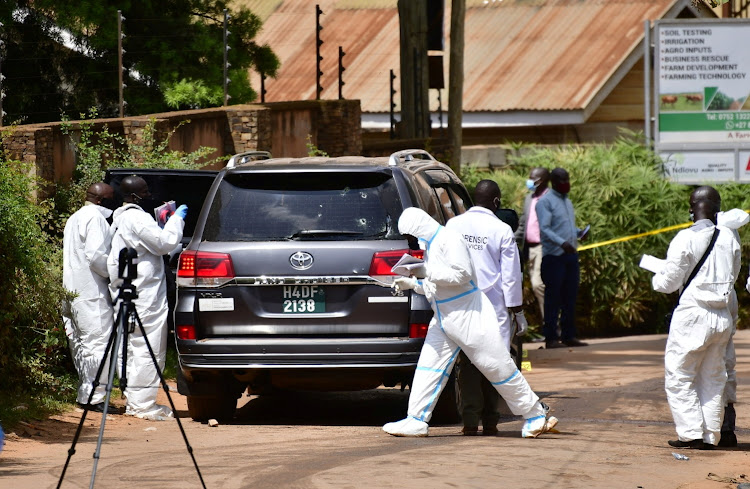 The four-wheel drive vehicle carrying General Katumba Wamala, the minister of Works and Transport, in the Kampala suburb of Kisasi on Tuesday