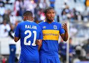 Surprise Ralani and Lyle Lakay of Cape Town City line up in a wall during the Absa Premiership 2017/18 game between Cape Town City and Orlando Pirates at Cape Town Stadium on 28 April 2018.