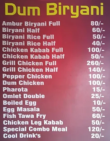 Ambur Dum Biriyani menu 