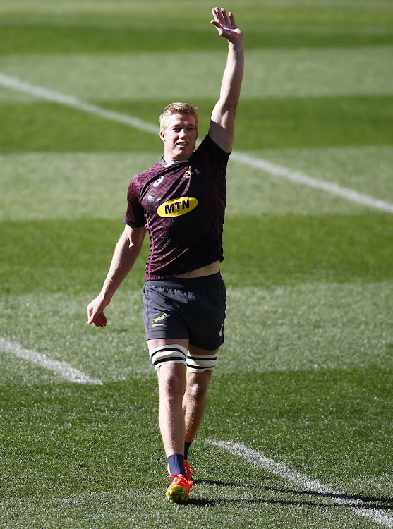 South Africa's openside flanker Pieter-Steph du Toit gestures during the Captain's Run of the South African team at The Cape Town Stadium in Cape Town on July 23, 2021