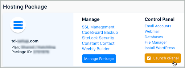 Under Hosting Package, the Launch cPanel button is selected.