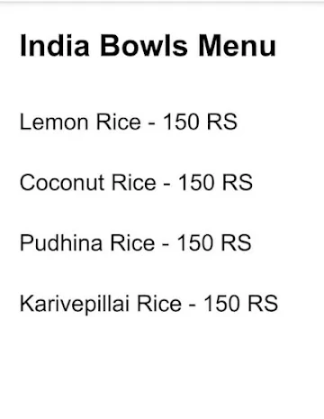 India Bowls menu 