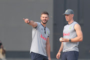 Proteas stars Rassie van der Dussen (right) and Aiden Markram during the team's training session at Wankhede Stadium on October 23 2023 in Mumbai, India.