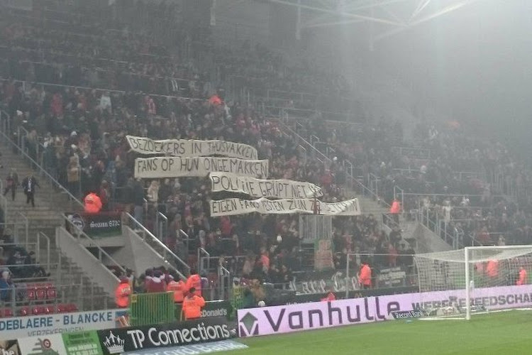 Supporters Essevee hekelen tegen AA Gent de fans van Club Brugge én politie met duidelijke boodschap