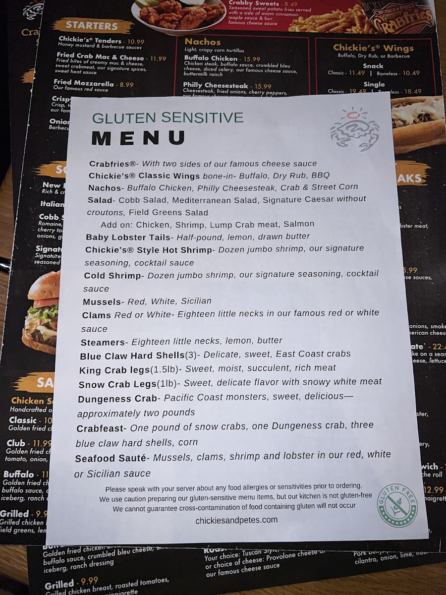 Chickie's & Pete's gluten-free menu